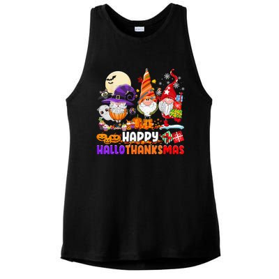 Happy Hallothanksmas Gnomes Halloween Thanksgiving Christmas Ladies PosiCharge Tri-Blend Wicking Tank