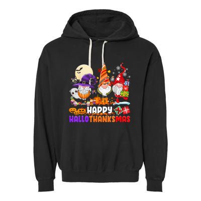 Happy Hallothanksmas Gnomes Halloween Thanksgiving Christmas Garment-Dyed Fleece Hoodie