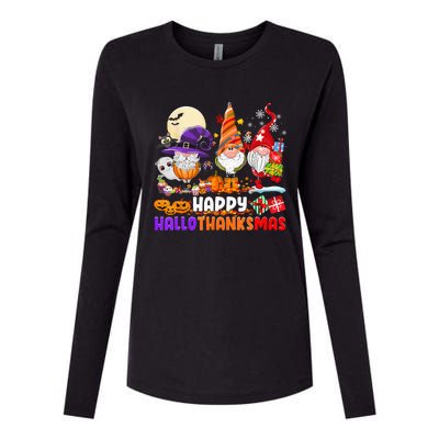 Happy Hallothanksmas Gnomes Halloween Thanksgiving Christmas Womens Cotton Relaxed Long Sleeve T-Shirt