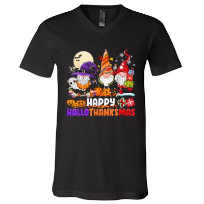 Happy Hallothanksmas Gnomes Halloween Thanksgiving Christmas V-Neck T-Shirt