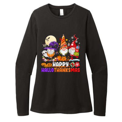 Happy Hallothanksmas Gnomes Halloween Thanksgiving Christmas Womens CVC Long Sleeve Shirt