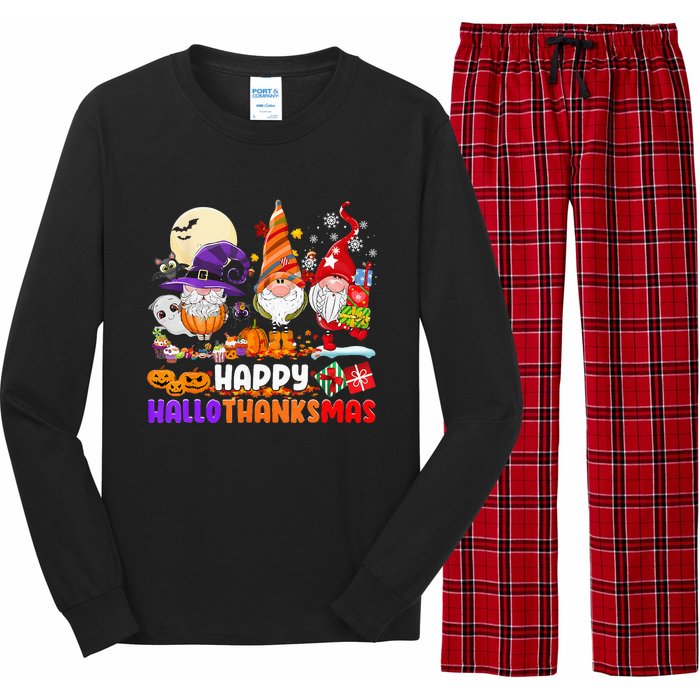 Happy Hallothanksmas Gnomes Halloween Thanksgiving Christmas Long Sleeve Pajama Set