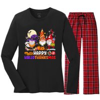 Happy Hallothanksmas Gnomes Halloween Thanksgiving Christmas Women's Long Sleeve Flannel Pajama Set 