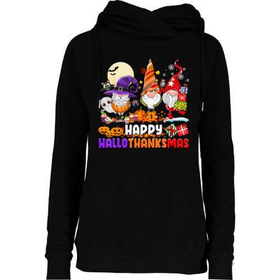 Happy Hallothanksmas Gnomes Halloween Thanksgiving Christmas Womens Funnel Neck Pullover Hood