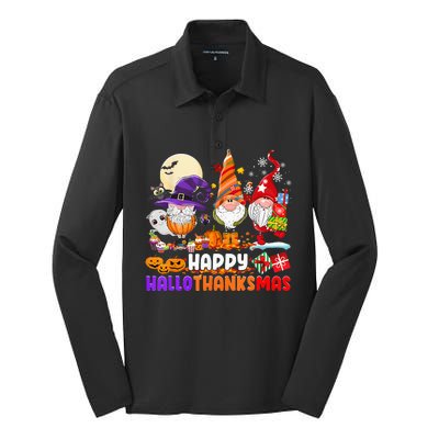 Happy Hallothanksmas Gnomes Halloween Thanksgiving Christmas Silk Touch Performance Long Sleeve Polo