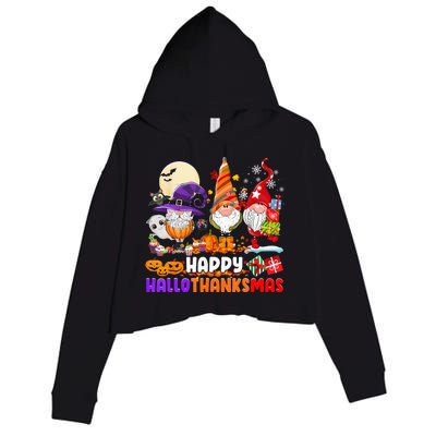 Happy Hallothanksmas Gnomes Halloween Thanksgiving Christmas Crop Fleece Hoodie