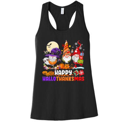 Happy Hallothanksmas Gnomes Halloween Thanksgiving Christmas Women's Racerback Tank