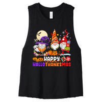 Happy Hallothanksmas Gnomes Halloween Thanksgiving Christmas Women's Racerback Cropped Tank