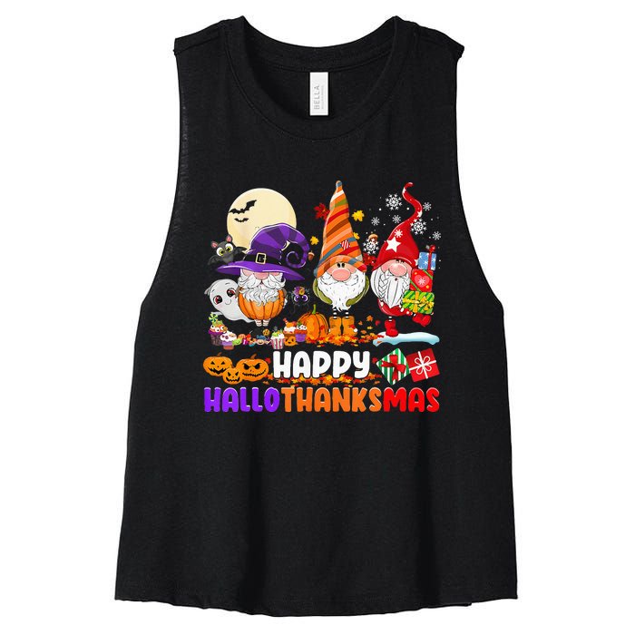 Happy Hallothanksmas Gnomes Halloween Thanksgiving Christmas Women's Racerback Cropped Tank