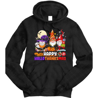 Happy Hallothanksmas Gnomes Halloween Thanksgiving Christmas Tie Dye Hoodie