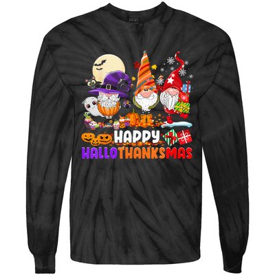 Happy Hallothanksmas Gnomes Halloween Thanksgiving Christmas Tie-Dye Long Sleeve Shirt