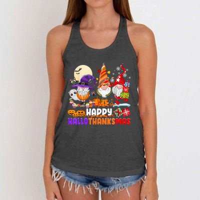 Happy Hallothanksmas Gnomes Halloween Thanksgiving Christmas Women's Knotted Racerback Tank