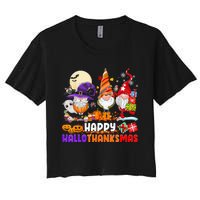 Happy Hallothanksmas Gnomes Halloween Thanksgiving Christmas Women's Crop Top Tee