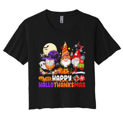 Happy Hallothanksmas Gnomes Halloween Thanksgiving Christmas Women's Crop Top Tee