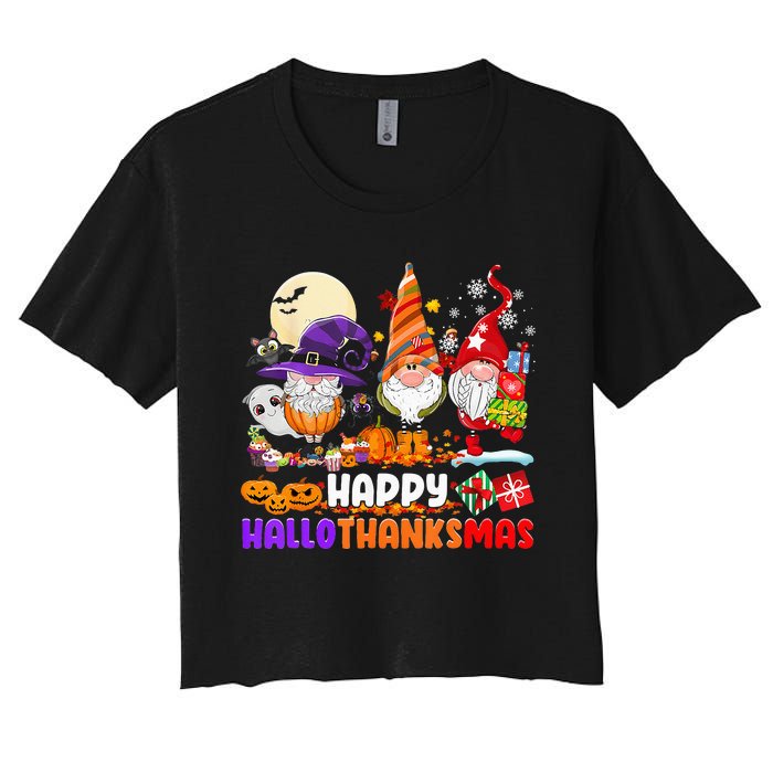 Happy Hallothanksmas Gnomes Halloween Thanksgiving Christmas Women's Crop Top Tee