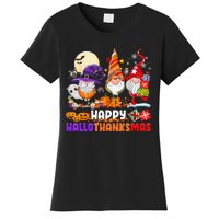 Happy Hallothanksmas Gnomes Halloween Thanksgiving Christmas Women's T-Shirt