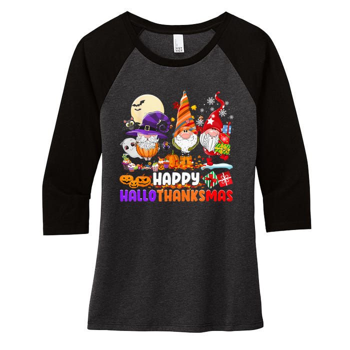 Happy Hallothanksmas Gnomes Halloween Thanksgiving Christmas Women's Tri-Blend 3/4-Sleeve Raglan Shirt