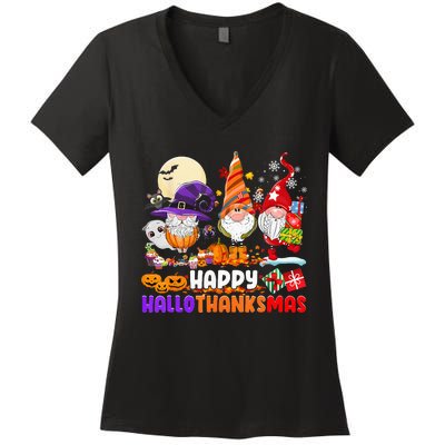 Happy Hallothanksmas Gnomes Halloween Thanksgiving Christmas Women's V-Neck T-Shirt