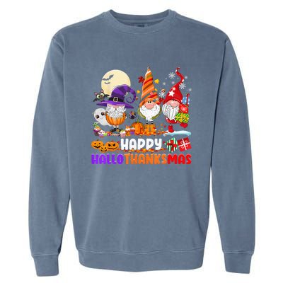 Happy Hallothanksmas Gnomes Halloween Thanksgiving Christmas Garment-Dyed Sweatshirt