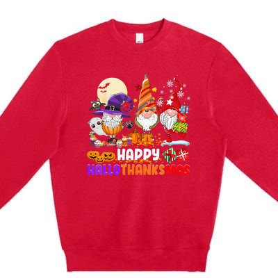 Happy Hallothanksmas Gnomes Halloween Thanksgiving Christmas Premium Crewneck Sweatshirt