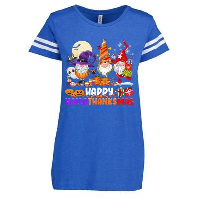 Happy Hallothanksmas Gnomes Halloween Thanksgiving Christmas Enza Ladies Jersey Football T-Shirt