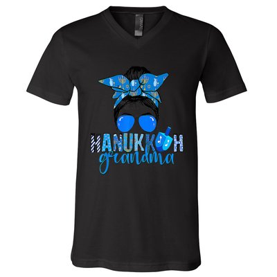 Happy Hanukkah Grandma Messy Bun Jewish Christmas Pajama V-Neck T-Shirt