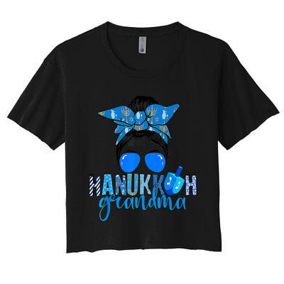 Happy Hanukkah Grandma Messy Bun Jewish Christmas Pajama Women's Crop Top Tee