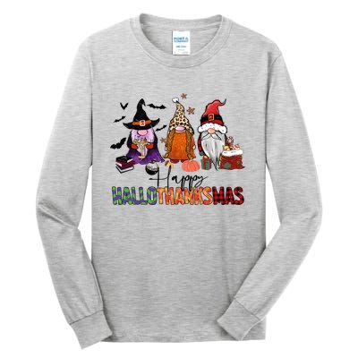 Happy Hallothanksmas Gnomes Plaid Leopard Christmas Gnome Tall Long Sleeve T-Shirt