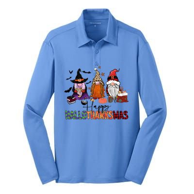 Happy Hallothanksmas Gnomes Plaid Leopard Christmas Gnome Silk Touch Performance Long Sleeve Polo