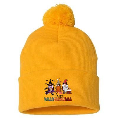 Happy Hallothanksmas Gnomes Plaid Leopard Christmas Gnome Pom Pom 12in Knit Beanie