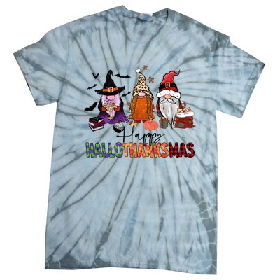 Happy Hallothanksmas Gnomes Plaid Leopard Christmas Gnome Tie-Dye T-Shirt