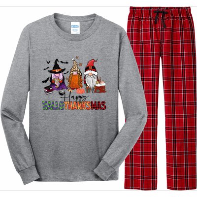 Happy Hallothanksmas Gnomes Plaid Leopard Christmas Gnome Long Sleeve Pajama Set