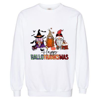 Happy Hallothanksmas Gnomes Plaid Leopard Christmas Gnome Garment-Dyed Sweatshirt