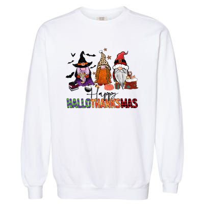 Happy Hallothanksmas Gnomes Plaid Leopard Christmas Gnome Garment-Dyed Sweatshirt