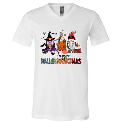 Happy Hallothanksmas Gnomes Plaid Leopard Christmas Gnome V-Neck T-Shirt