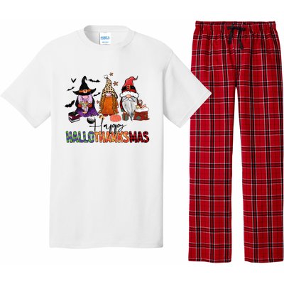 Happy Hallothanksmas Gnomes Plaid Leopard Christmas Gnome Pajama Set