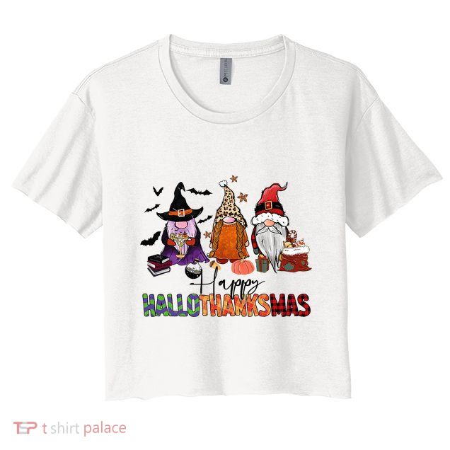 Happy Hallothanksmas Gnomes Plaid Leopard Christmas Gnome Crop Top
