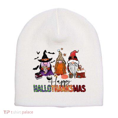 Happy Hallothanksmas Gnomes Plaid Leopard Christmas Gnome Short Acrylic Beanie