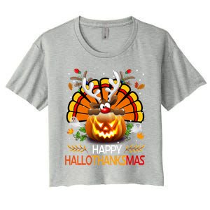 Happy Hallothanksmas Ghost Reindeer Pumpkin Christmas Santa Gift Women's Crop Top Tee