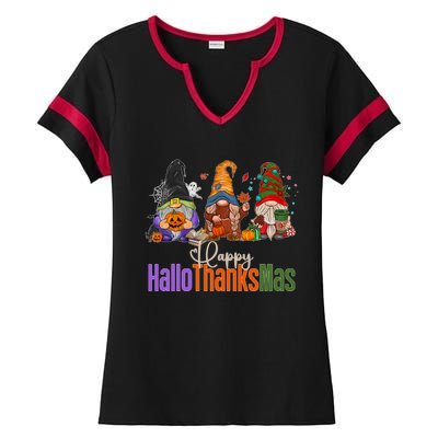 Happy Hallothanksmas Gnomes Halloween Thanksgiving Christmas Gift Ladies Halftime Notch Neck Tee