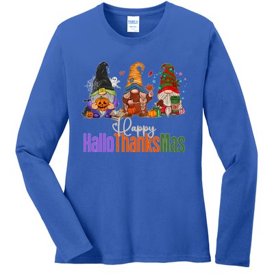 Happy Hallothanksmas Gnomes Halloween Thanksgiving Christmas Gift Ladies Long Sleeve Shirt