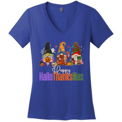 Happy Hallothanksmas Gnomes Halloween Thanksgiving Christmas Gift Women's V-Neck T-Shirt