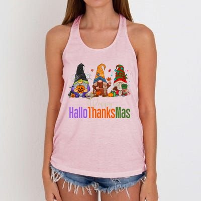 Happy Hallothanksmas Gnomes Halloween Thanksgiving Christmas Gift Women's Knotted Racerback Tank