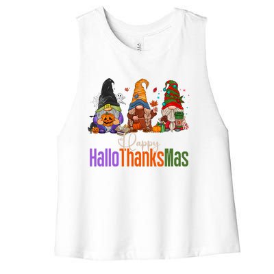 Happy Hallothanksmas Gnomes Halloween Thanksgiving Christmas Gift Women's Racerback Cropped Tank