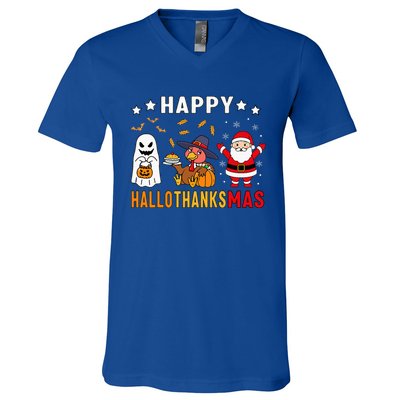 Happy Hallothanksmas Ghost Turkey Pumpkin V-Neck T-Shirt