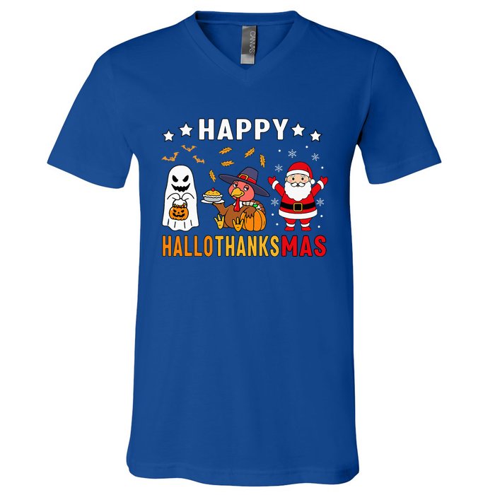 Happy Hallothanksmas Ghost Turkey Pumpkin V-Neck T-Shirt