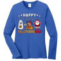 Happy Hallothanksmas Ghost Turkey Pumpkin Ladies Long Sleeve Shirt