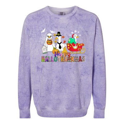 Happy Hallothankmas Goose Halloween Thanksgiving Christmas Colorblast Crewneck Sweatshirt