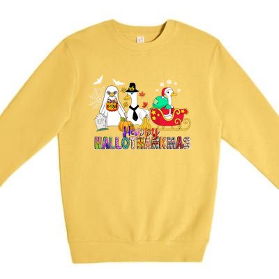 Happy Hallothankmas Goose Halloween Thanksgiving Christmas Premium Crewneck Sweatshirt