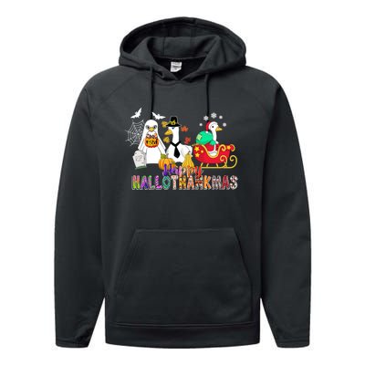 Happy Hallothankmas Goose Halloween Thanksgiving Christmas Performance Fleece Hoodie